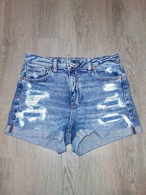 American Eagle Outfitters Stretch Mom Short Jean Shorts Size 4 Distressed Denim